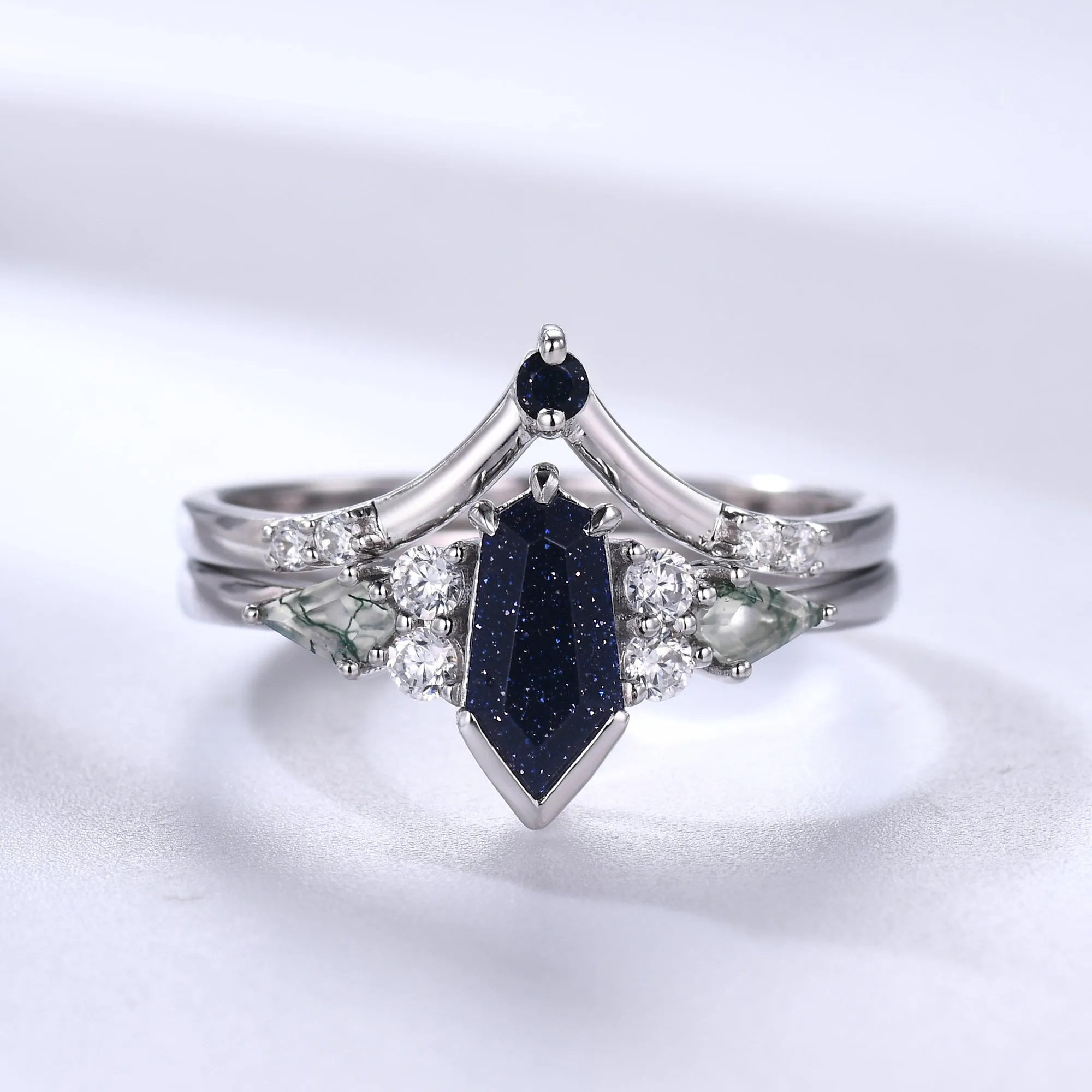 Coffin Galaxy Sandstone Ring Set White Gold Gothic Engagement Ring Unique Nebula Ring