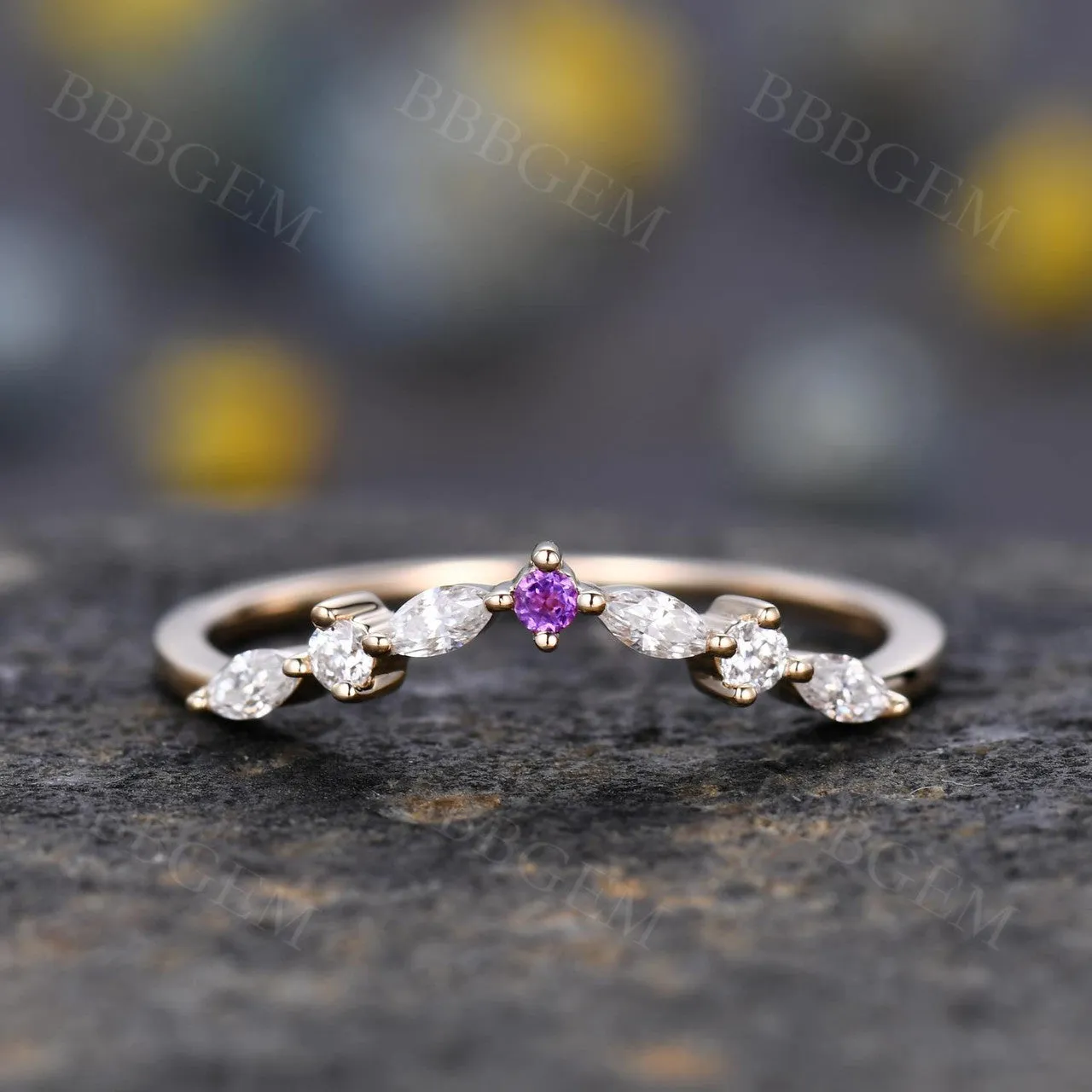 Curved Marquise Round Cut Moissanite Wedding Band Amethyst Stone Rose Gold