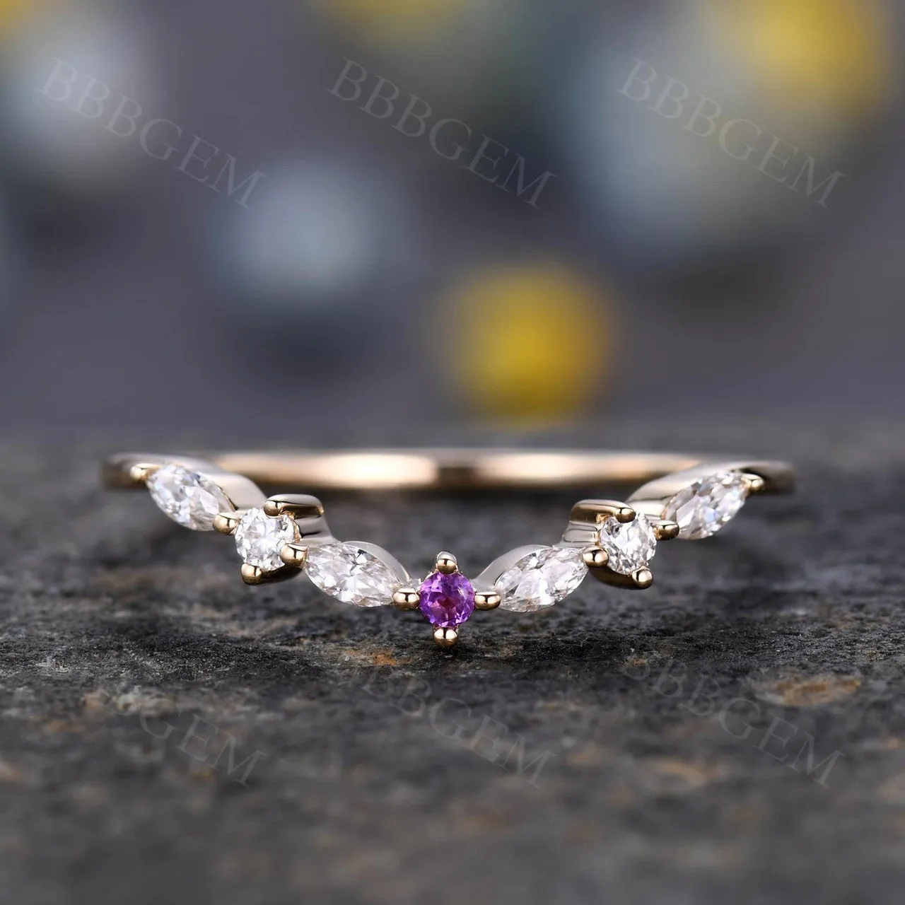 Curved Marquise Round Cut Moissanite Wedding Band Amethyst Stone Rose Gold