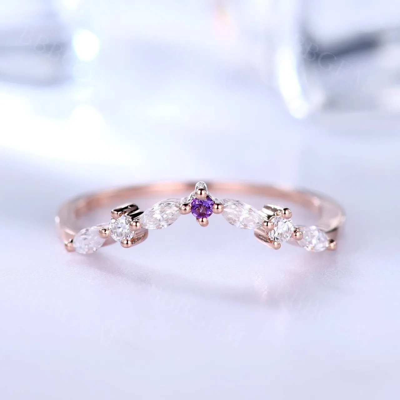 Curved Marquise Round Cut Moissanite Wedding Band Amethyst Stone Rose Gold