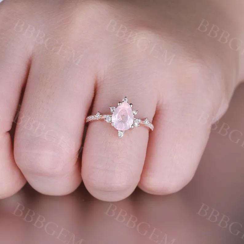 Dainty Pear Shaped 0.8 Carat Rose Quartz Engagement Ring Diamond Band