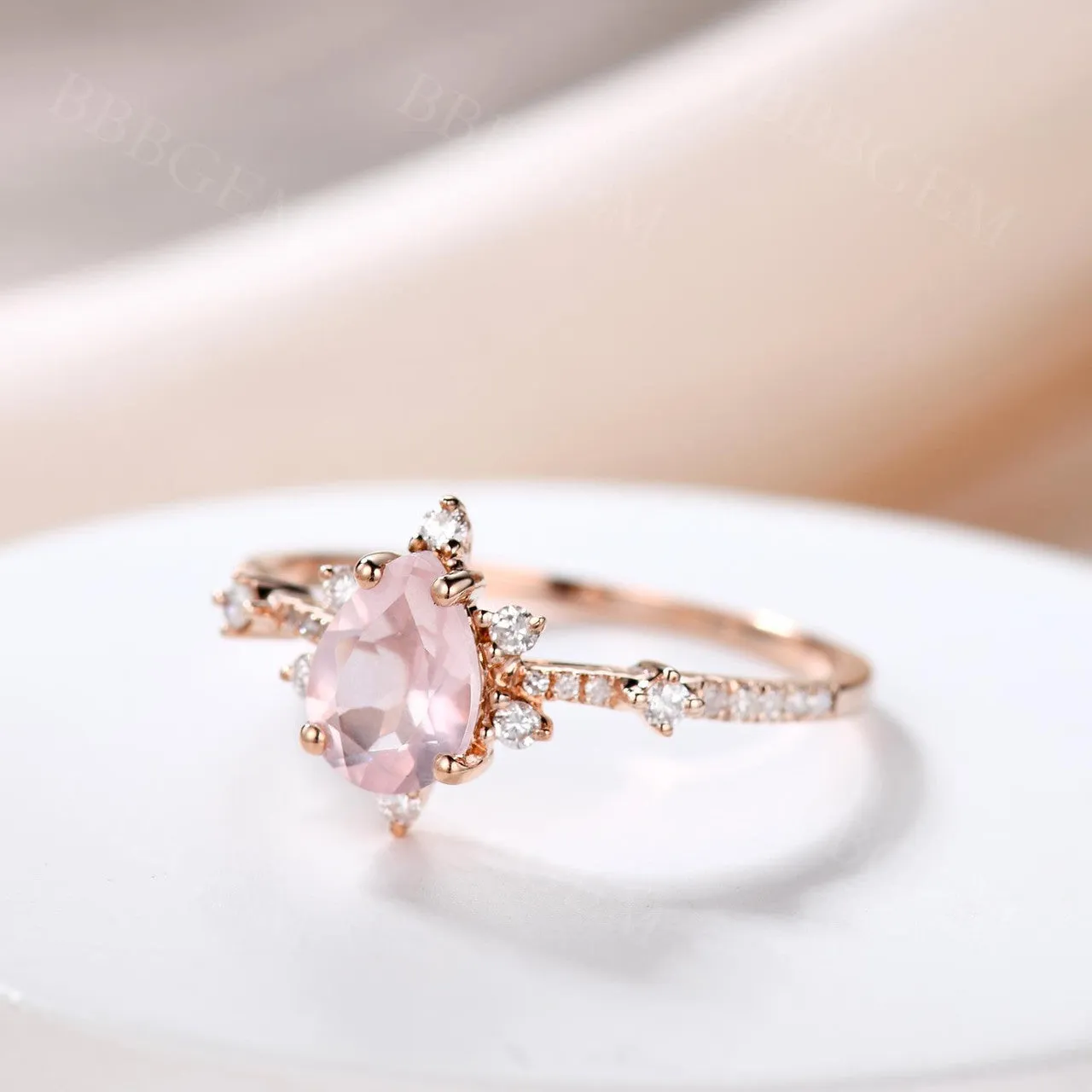 Dainty Pear Shaped 0.8 Carat Rose Quartz Engagement Ring Diamond Band