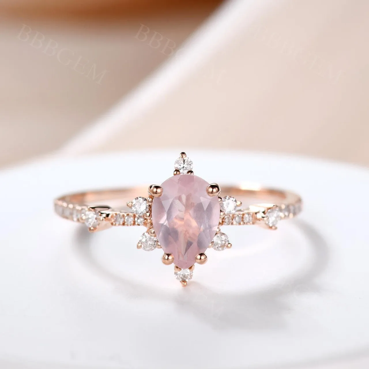 Dainty Pear Shaped 0.8 Carat Rose Quartz Engagement Ring Diamond Band