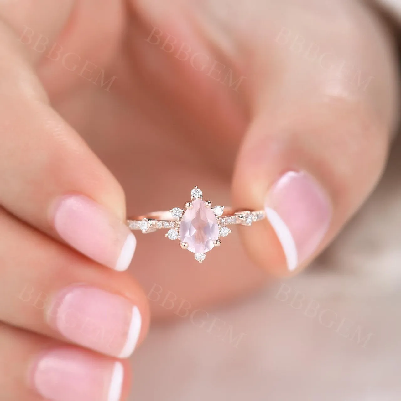 Dainty Pear Shaped 0.8 Carat Rose Quartz Engagement Ring Diamond Band