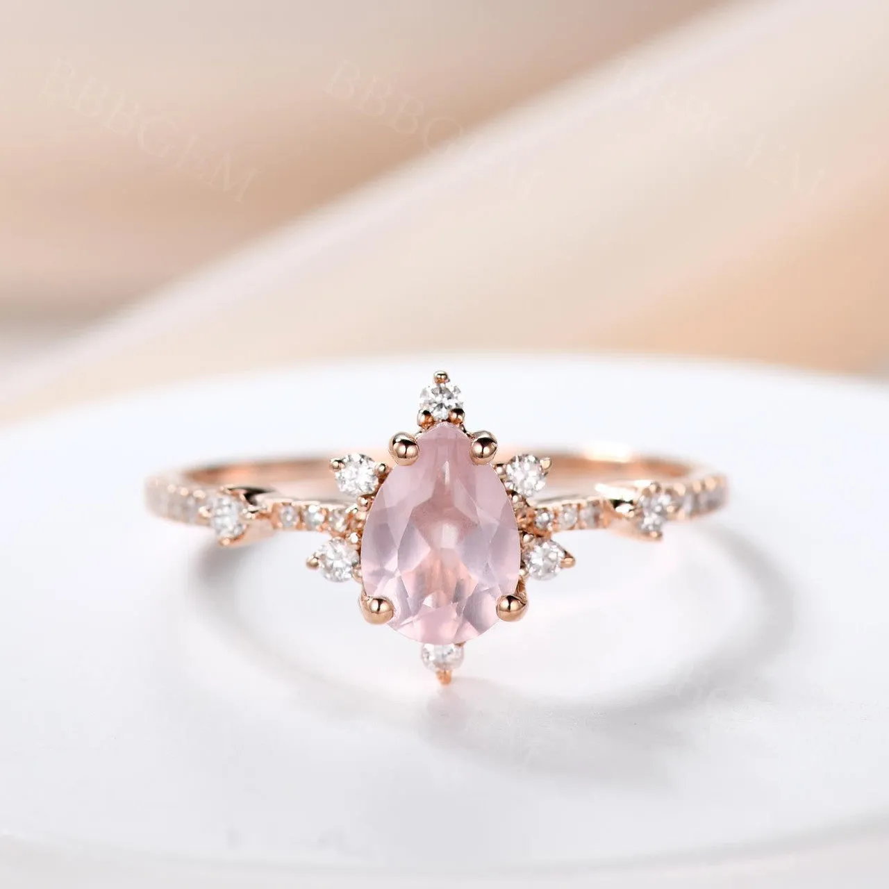 Dainty Pear Shaped 0.8 Carat Rose Quartz Engagement Ring Diamond Band