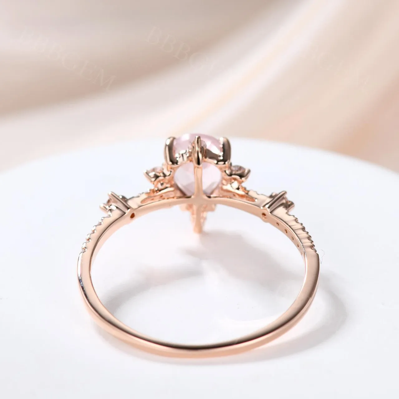 Dainty Pear Shaped 0.8 Carat Rose Quartz Engagement Ring Diamond Band