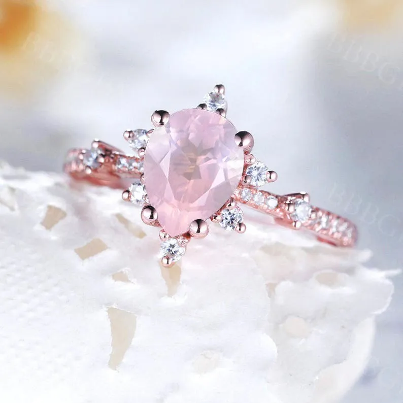 Dainty Pear Shaped 0.8 Carat Rose Quartz Engagement Ring Diamond Band