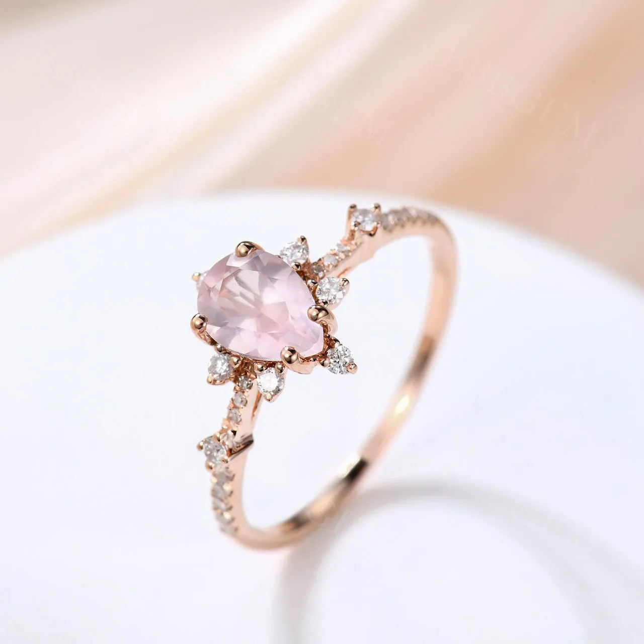 Dainty Pear Shaped 0.8 Carat Rose Quartz Engagement Ring Diamond Band