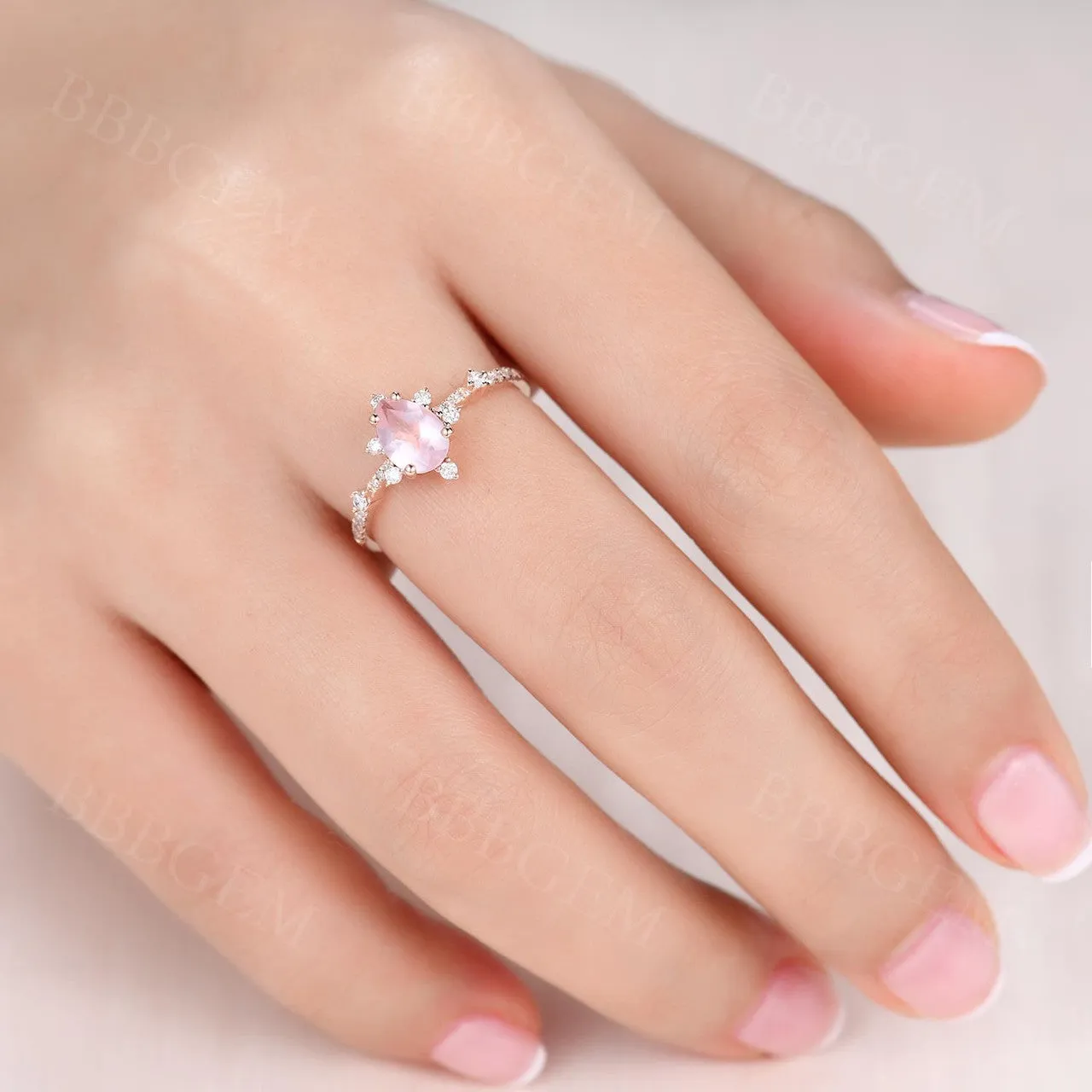 Dainty Pear Shaped 0.8 Carat Rose Quartz Engagement Ring Diamond Band