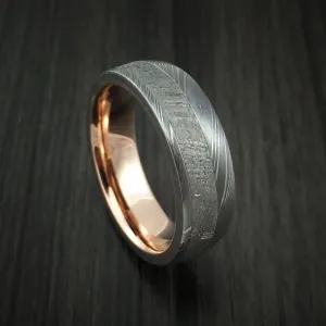 Damascus Steel Men's Ring with Gibeon Meteorite and 14K Rose Gold Sleeve Custom Made Band