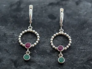 Dangling Hoop Earrings - Natural Ruby Earrings - Genuine Emerald Earrings