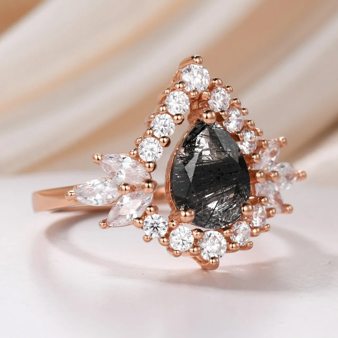 Diamonds Cluster Natural Black Rutile Quartz Pear Ring Unique Engagement Rings