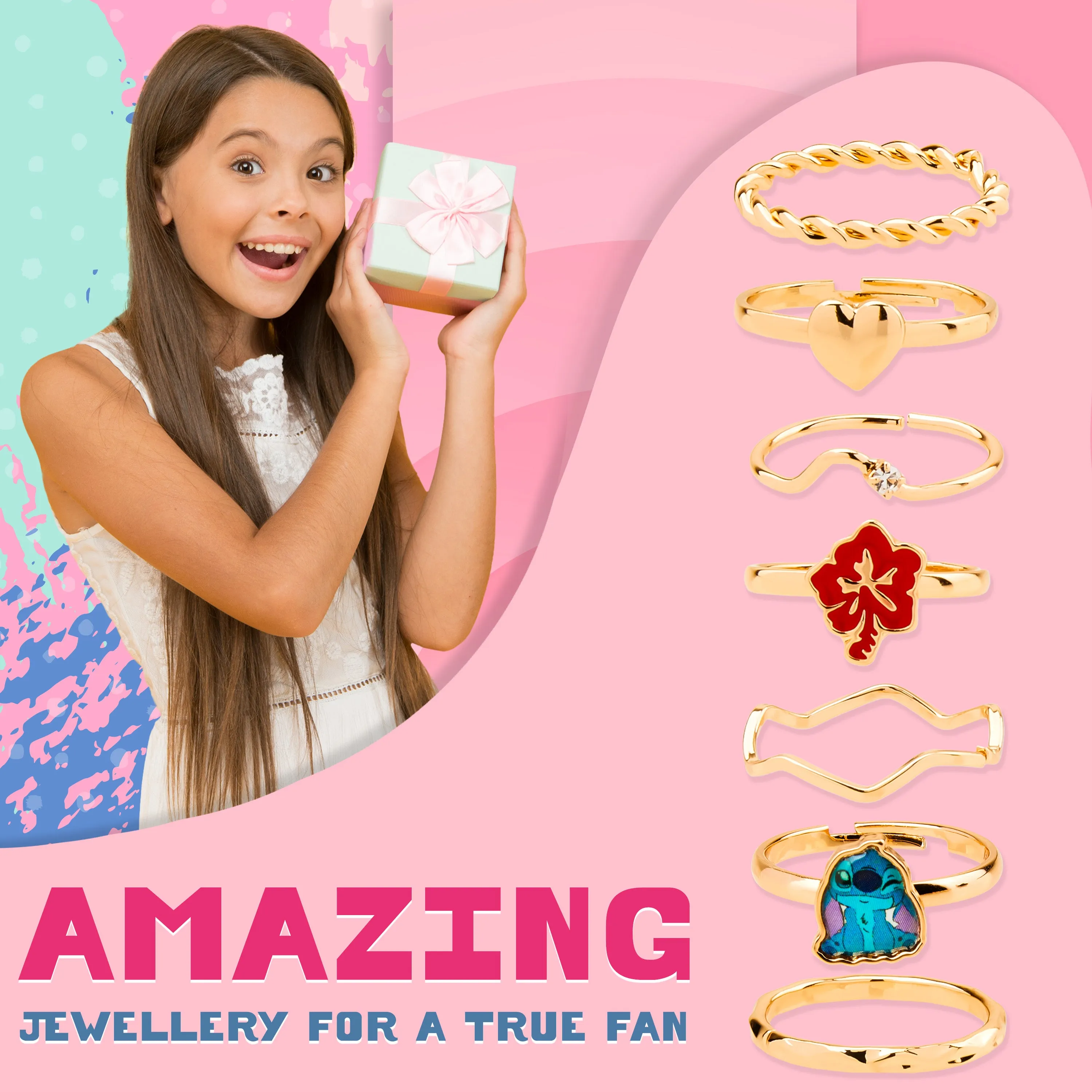 Disney Girls Rings, Adjustable Gold Rings Pack of 7 - Girls Gifts