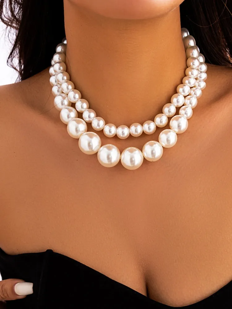 Exaggerated Large Pearl Choker Multi-Layer Beaded Necklace