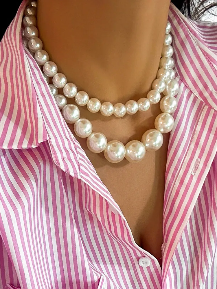 Exaggerated Large Pearl Choker Multi-Layer Beaded Necklace