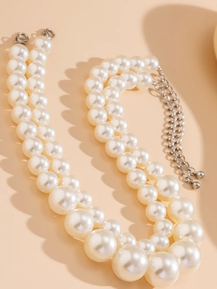 Exaggerated Large Pearl Choker Multi-Layer Beaded Necklace