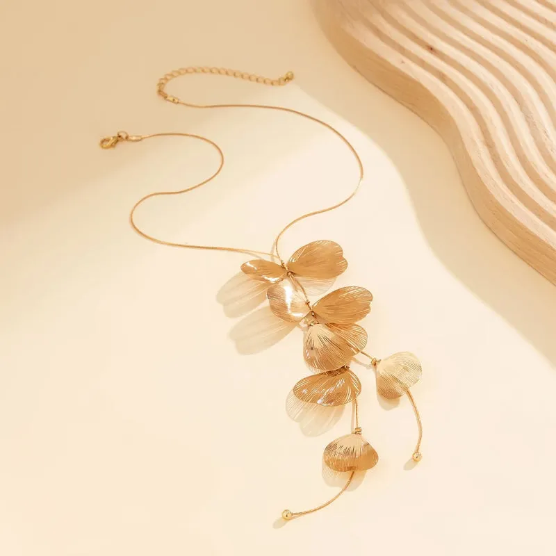 Fashionable Metallic Leaf and Tassel Design Y-shaped Necklace