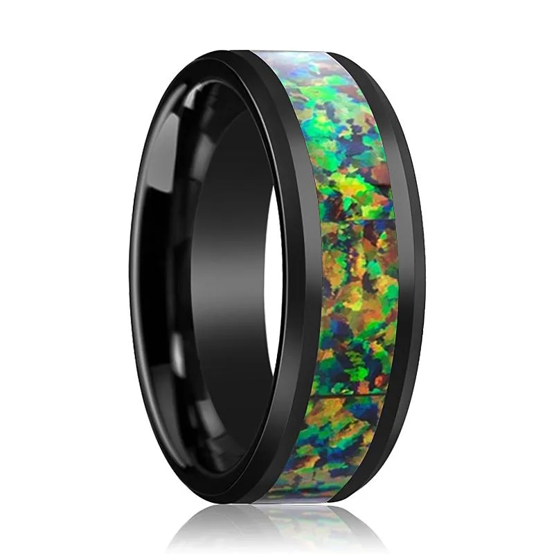 GALACTIC | Black Ceramic Ring, Blue & Orange Opal Inlay, Beveled