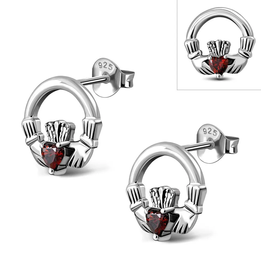 Garnet CZ Claddagh Stud Silver Earrings