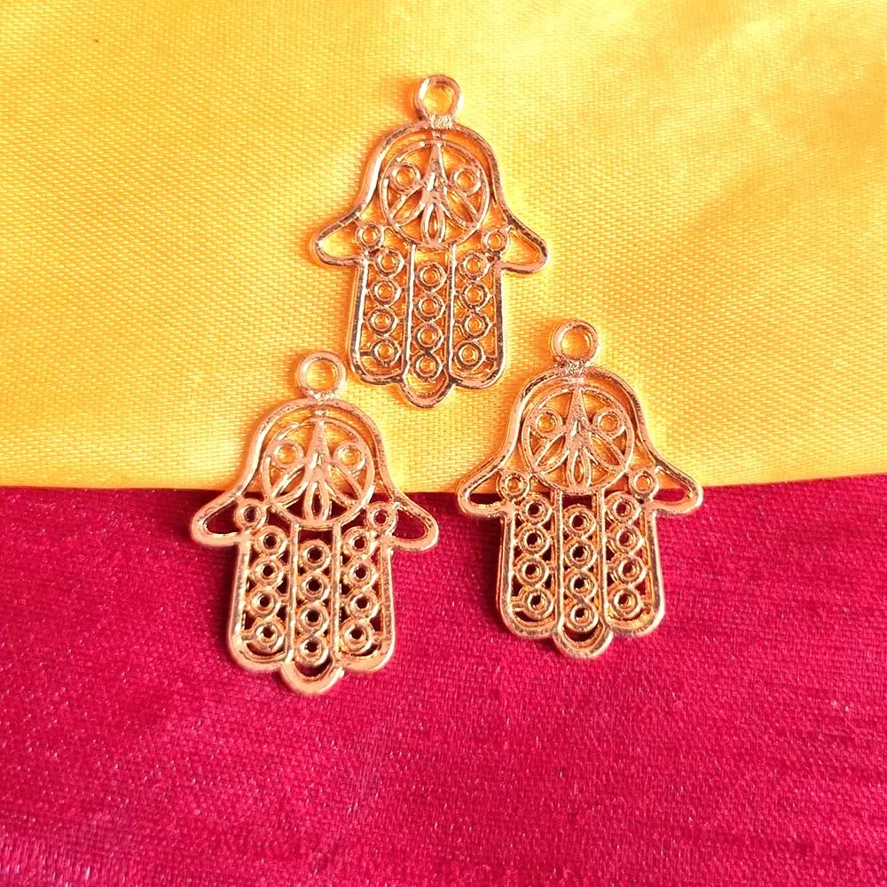 Gold Shiny 10 PCS PACK/ HAMSA HAND FATIMA ZINC ALLOY METERIAL JEWELRY MAKING CHARMS Size 21x29mm