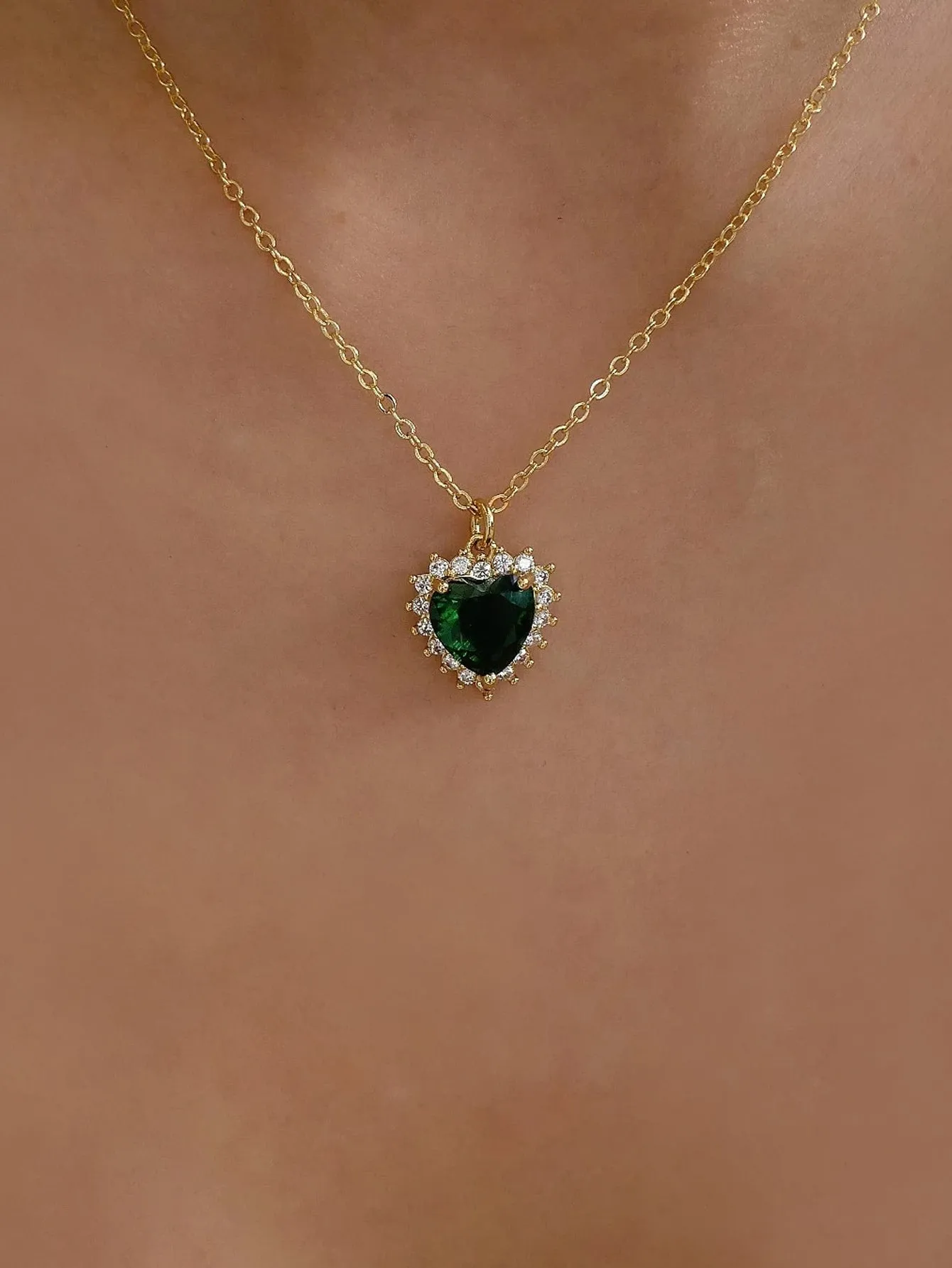 Green Rhinestone Heart Charm Necklace for Women Girls Accessories Jewelry Gifts