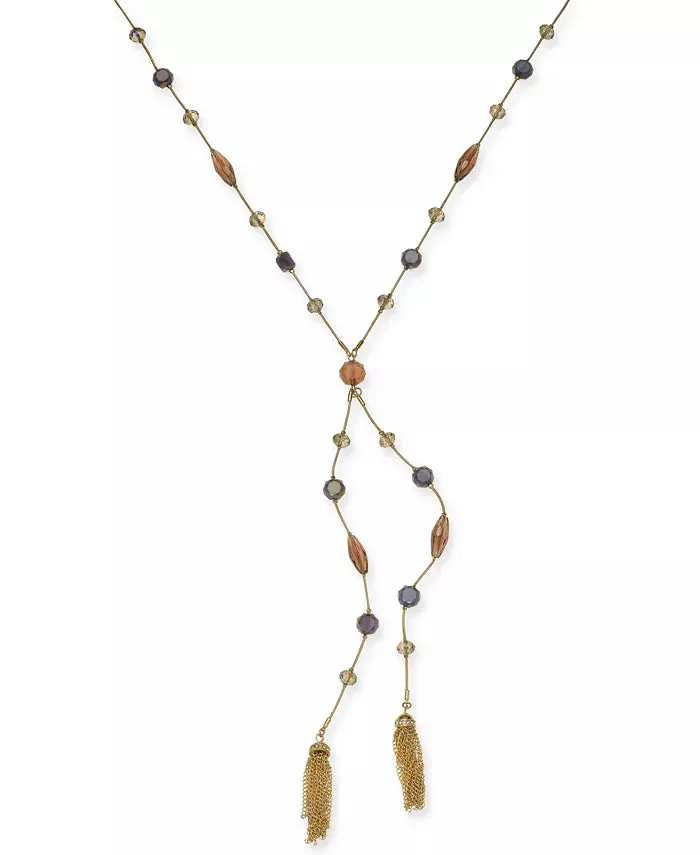 Inc Gold-Tone Crystal, Bead and Chain Tassel Lariat Necklace, 28   3 Extender