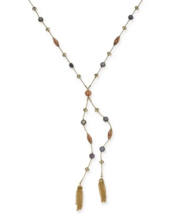 Inc Gold-Tone Crystal, Bead and Chain Tassel Lariat Necklace, 28   3 Extender