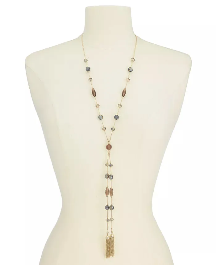 Inc Gold-Tone Crystal, Bead and Chain Tassel Lariat Necklace, 28   3 Extender