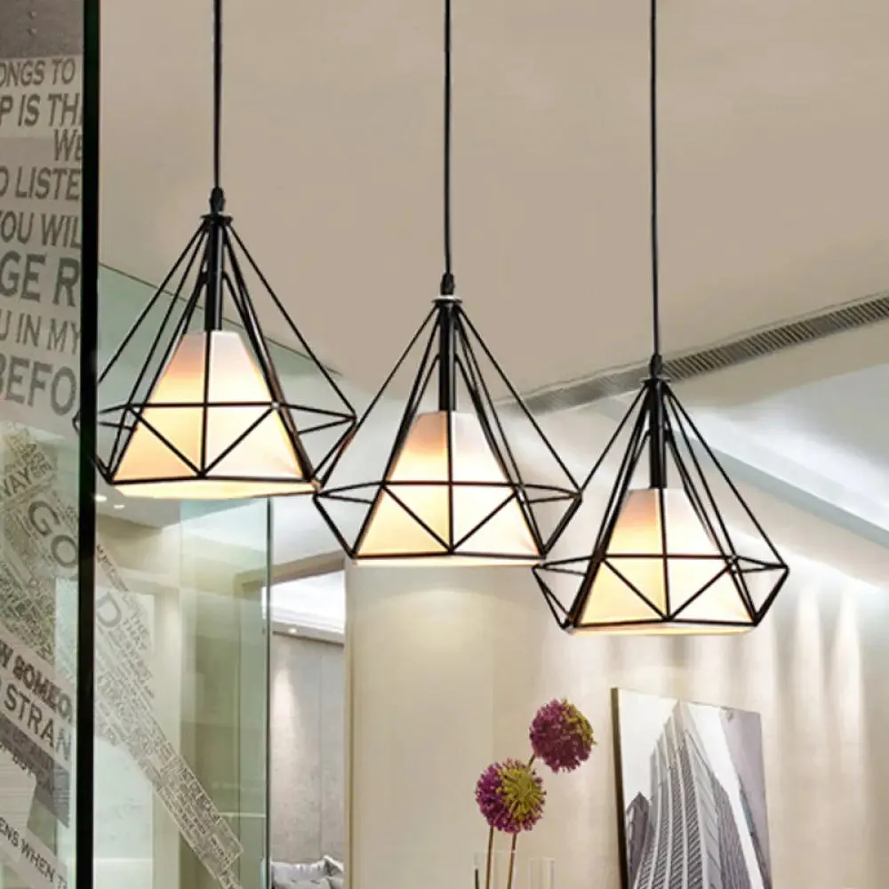 Industrial Black Pendant Light with Diamond Cage Shade - Hanging Ceiling Lamp for Dining Room - 3 Heads