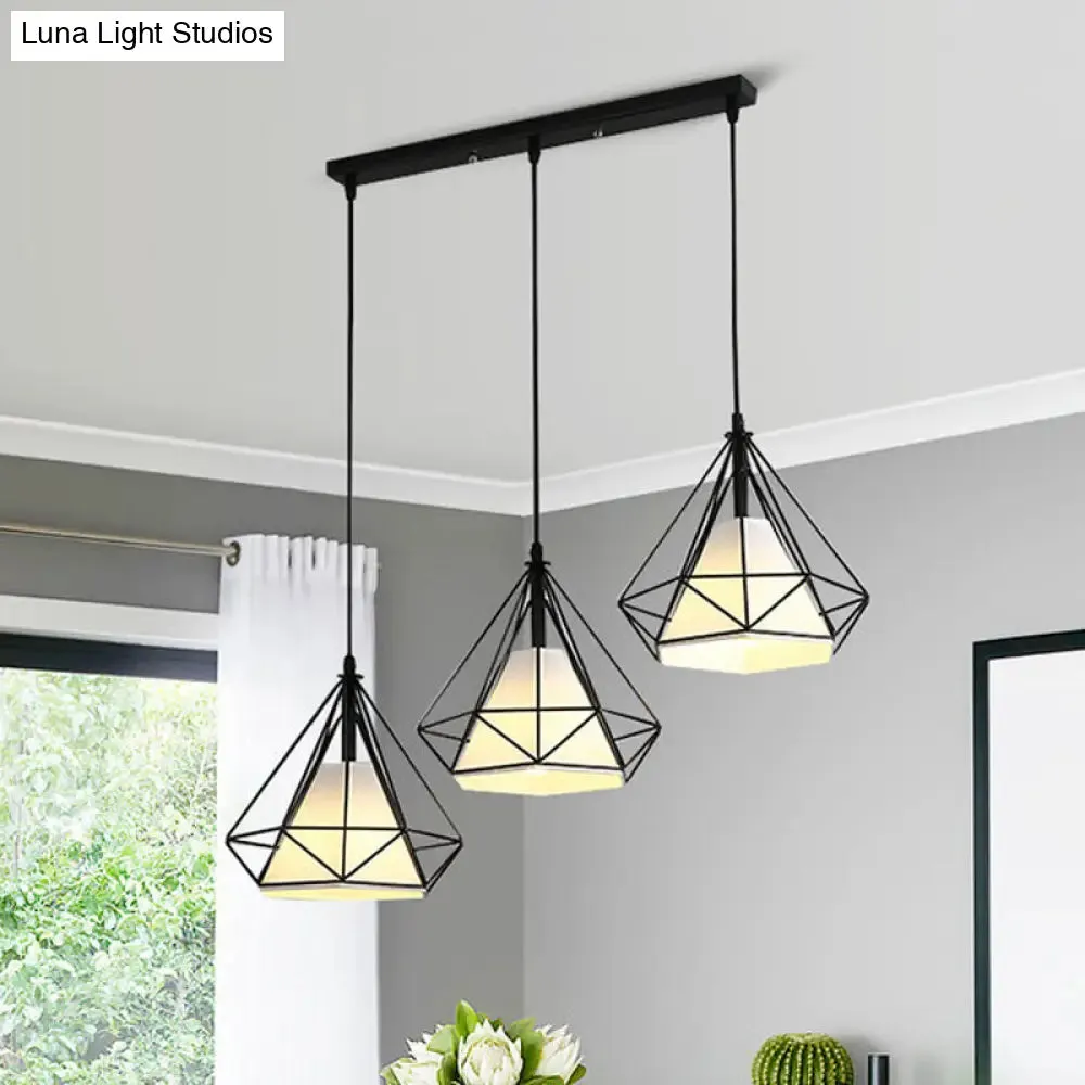 Industrial Black Pendant Light with Diamond Cage Shade - Hanging Ceiling Lamp for Dining Room - 3 Heads