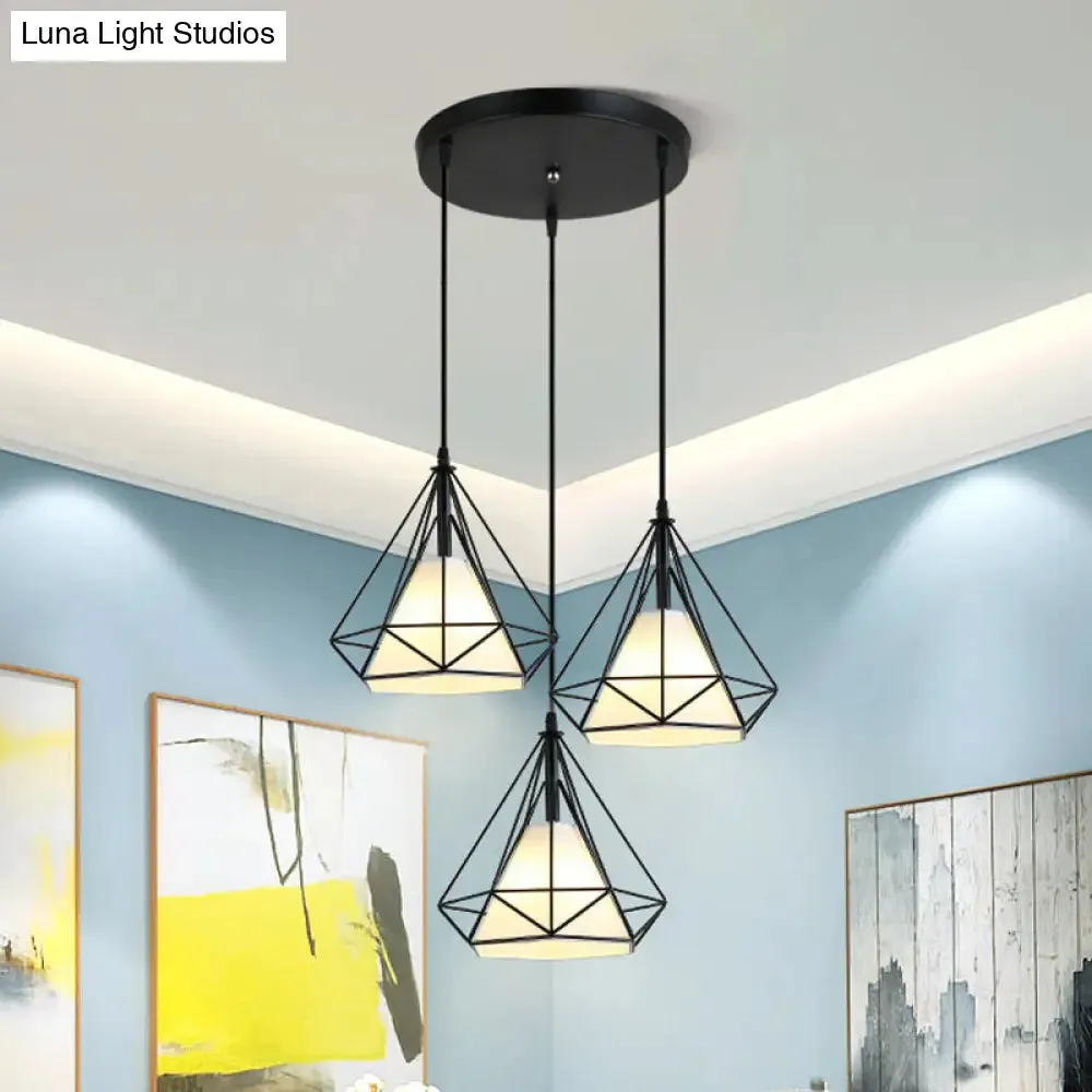 Industrial Black Pendant Light with Diamond Cage Shade - Hanging Ceiling Lamp for Dining Room - 3 Heads