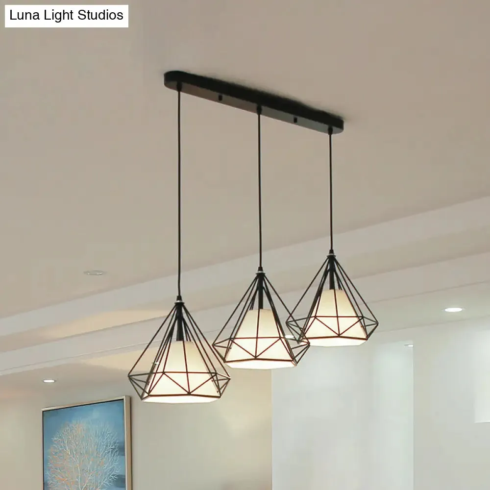 Industrial Black Pendant Light with Diamond Cage Shade - Hanging Ceiling Lamp for Dining Room - 3 Heads