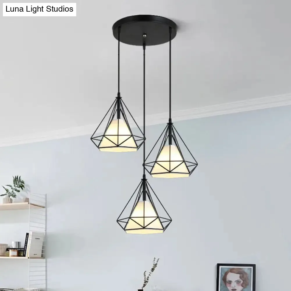 Industrial Black Pendant Light with Diamond Cage Shade - Hanging Ceiling Lamp for Dining Room - 3 Heads