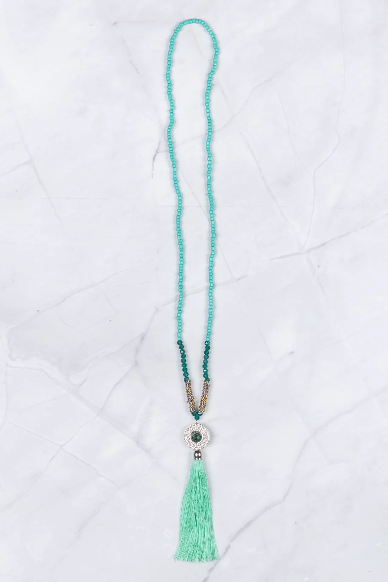 Jade Circle Pendant Tassel Necklace