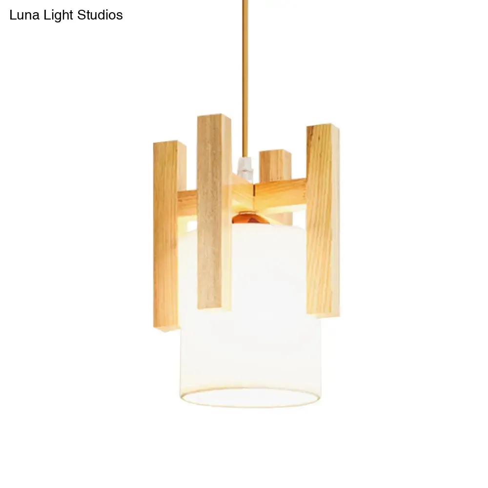 Japanese Style White Fabric Pendant Light with Wooden Cage Top - Small Hanging Suspension Light