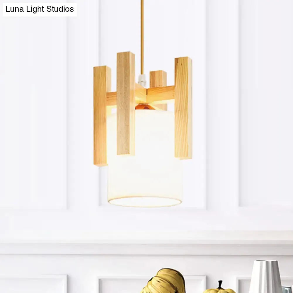 Japanese Style White Fabric Pendant Light with Wooden Cage Top - Small Hanging Suspension Light