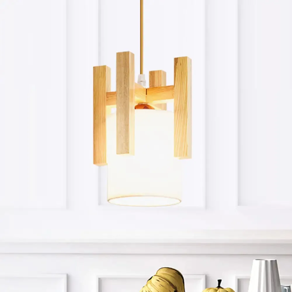 Japanese Style White Fabric Pendant Light with Wooden Cage Top - Small Hanging Suspension Light