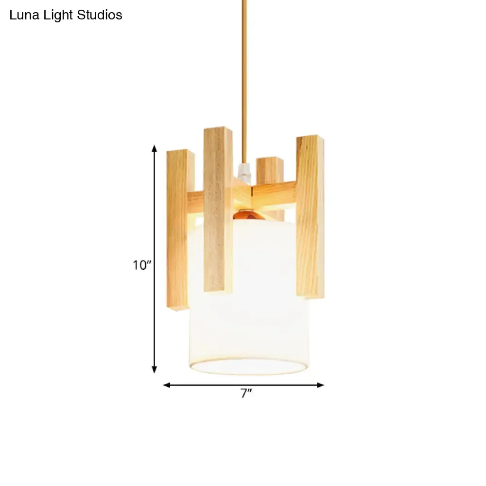 Japanese Style White Fabric Pendant Light with Wooden Cage Top - Small Hanging Suspension Light