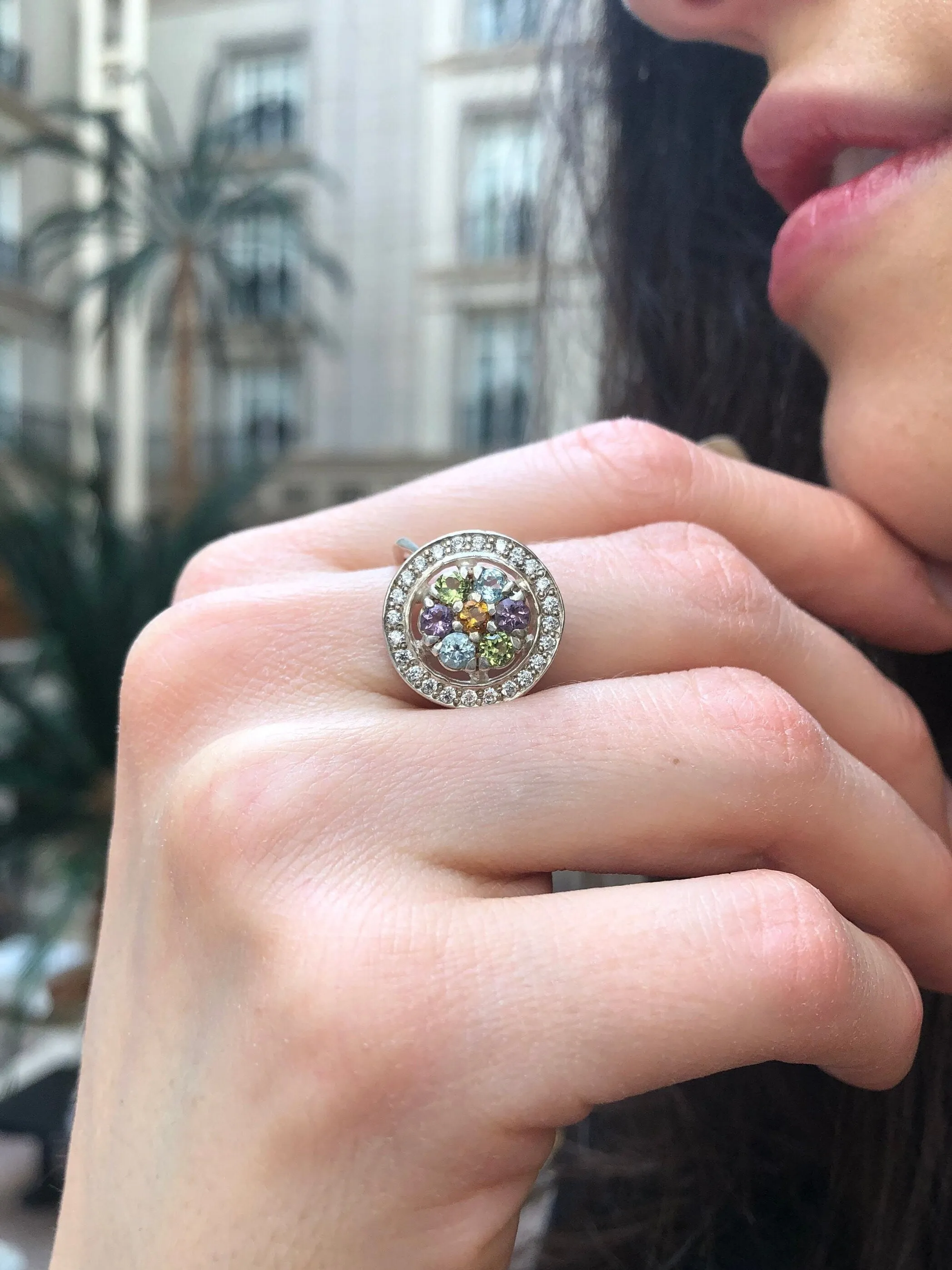 Large Flower Ring - Natural Tourmaline Cluster Ring - Vintage Victorian Ring