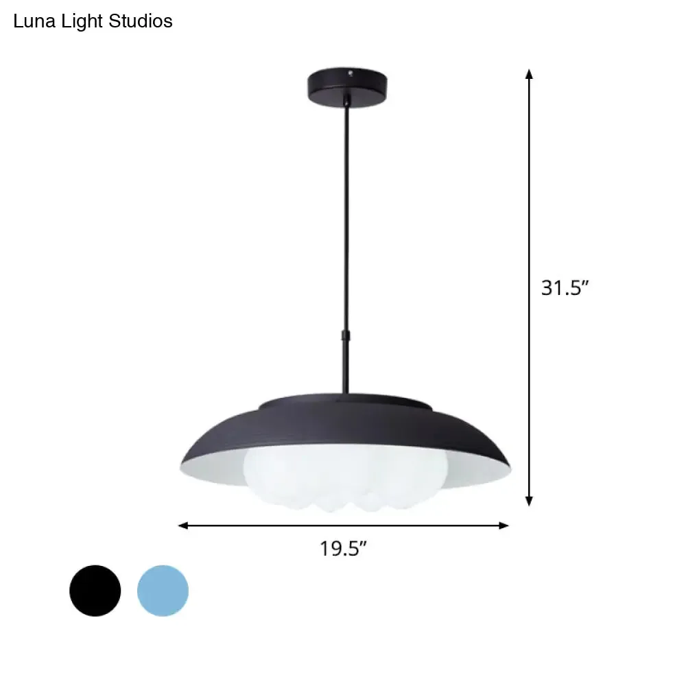 Macaron Wide Bowl Pendant Light - Black/Blue Iron Suspension Lamp with Inner Round Shade for Dining Table