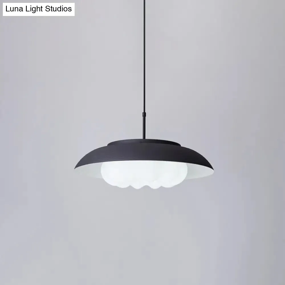 Macaron Wide Bowl Pendant Light - Black/Blue Iron Suspension Lamp with Inner Round Shade for Dining Table