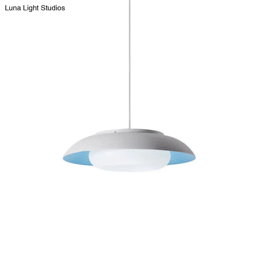 Macaron Wide Bowl Pendant Light - Black/Blue Iron Suspension Lamp with Inner Round Shade for Dining Table