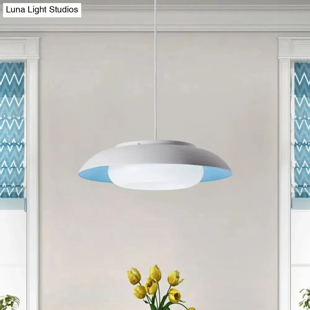 Macaron Wide Bowl Pendant Light - Black/Blue Iron Suspension Lamp with Inner Round Shade for Dining Table