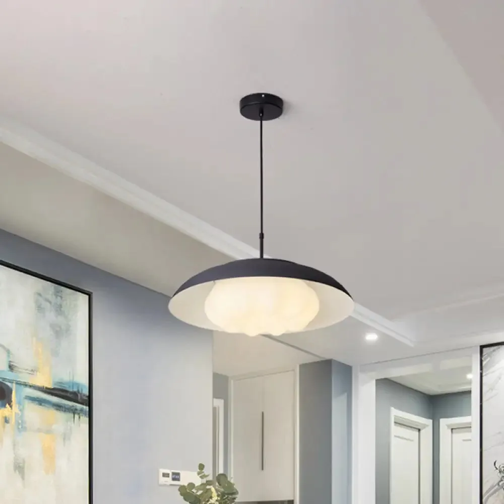 Macaron Wide Bowl Pendant Light - Black/Blue Iron Suspension Lamp with Inner Round Shade for Dining Table