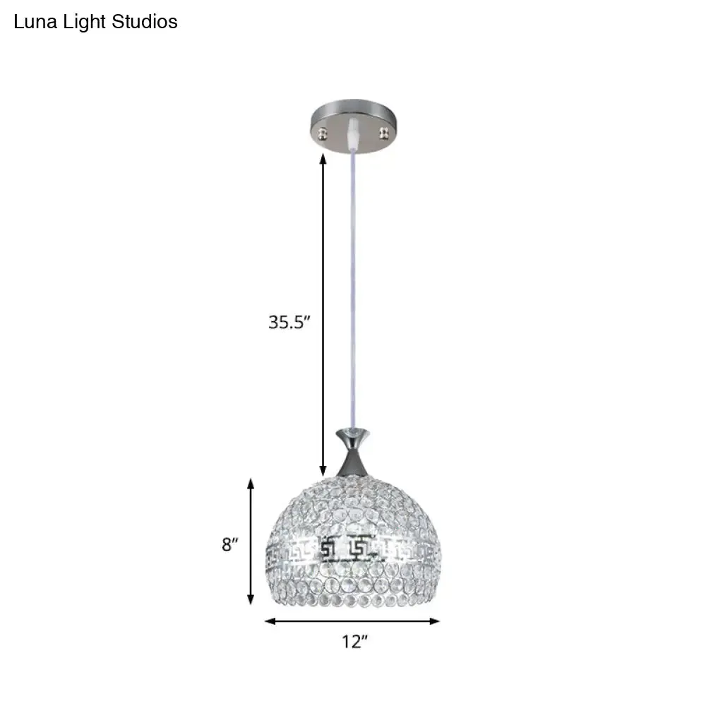 Modernist Chrome Dome Pendant Lamp - Clear Crystal and Metal - 8"/10"/12" Wide - Hanging Ceiling Light