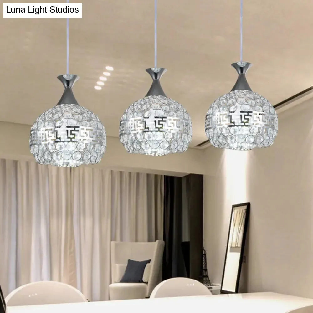 Modernist Chrome Dome Pendant Lamp - Clear Crystal and Metal - 8"/10"/12" Wide - Hanging Ceiling Light