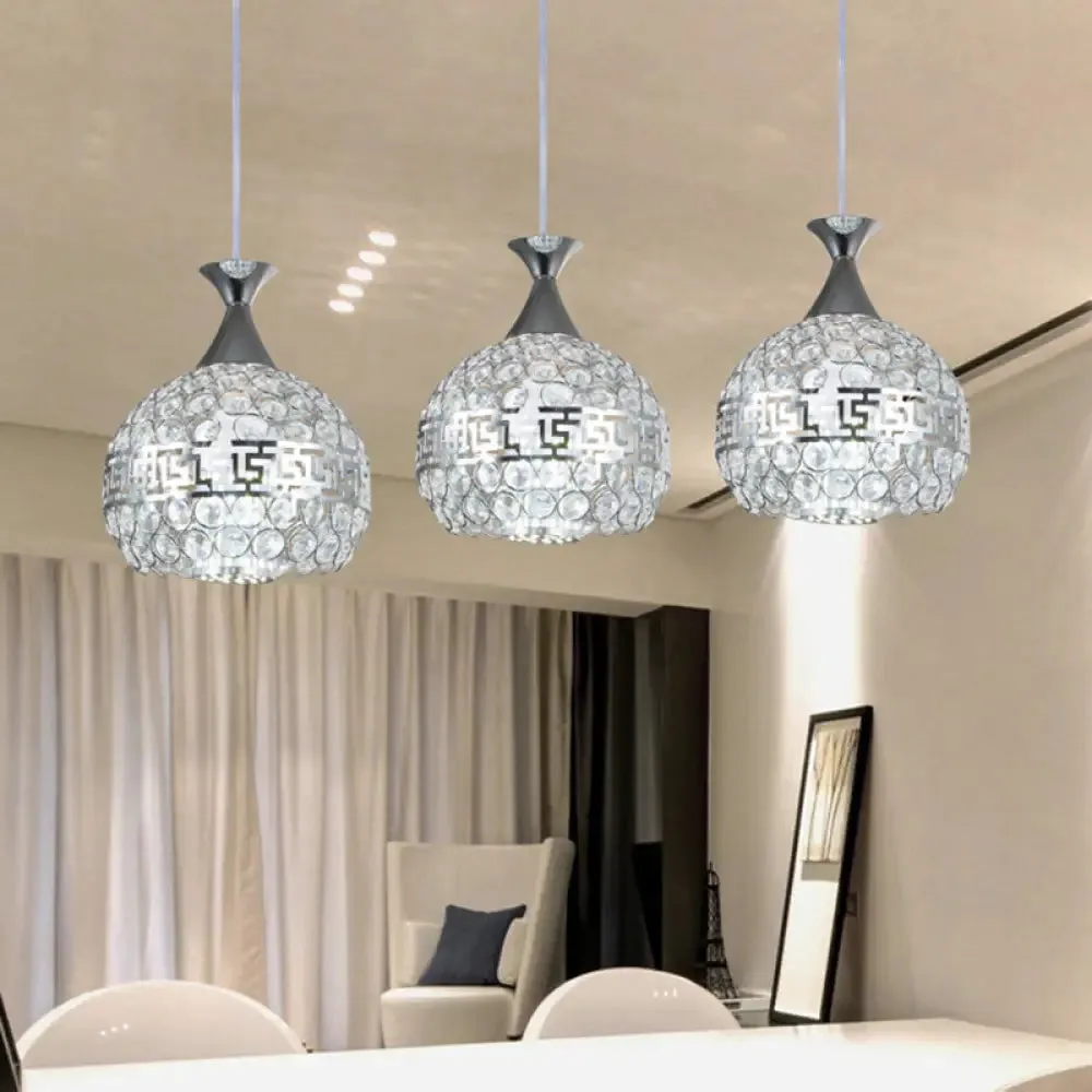 Modernist Chrome Dome Pendant Lamp - Clear Crystal and Metal - 8"/10"/12" Wide - Hanging Ceiling Light