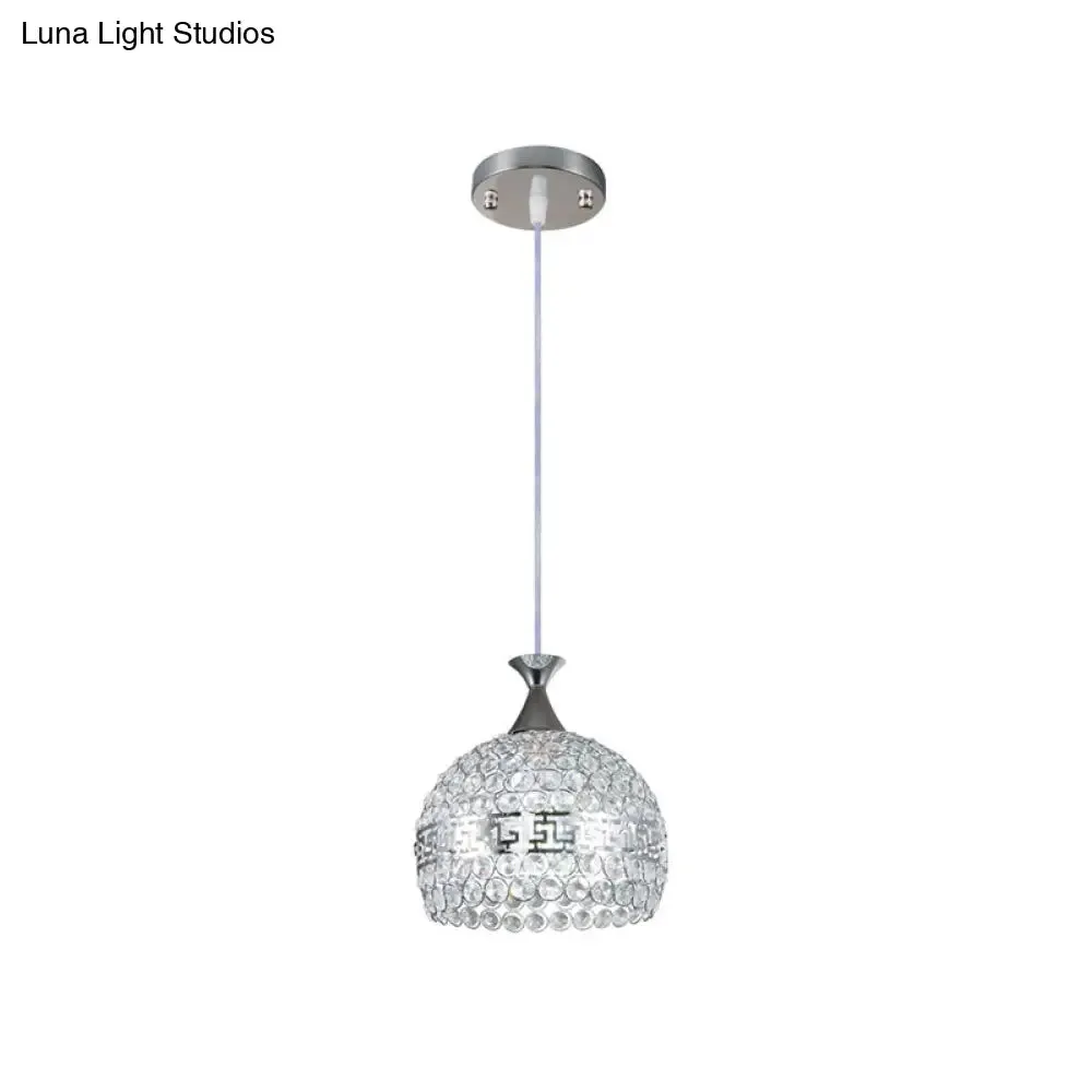 Modernist Chrome Dome Pendant Lamp - Clear Crystal and Metal - 8"/10"/12" Wide - Hanging Ceiling Light