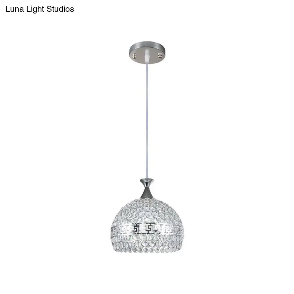 Modernist Chrome Dome Pendant Lamp - Clear Crystal and Metal - 8"/10"/12" Wide - Hanging Ceiling Light