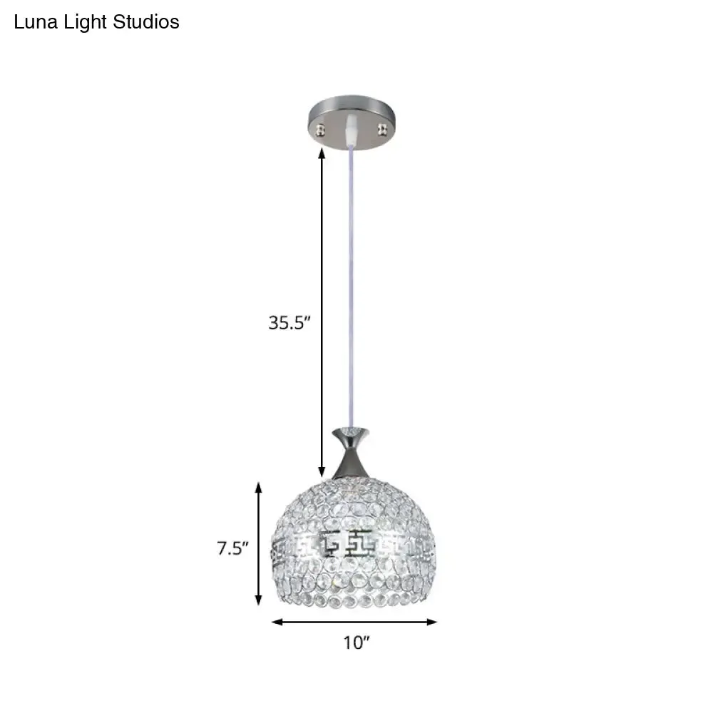 Modernist Chrome Dome Pendant Lamp - Clear Crystal and Metal - 8"/10"/12" Wide - Hanging Ceiling Light